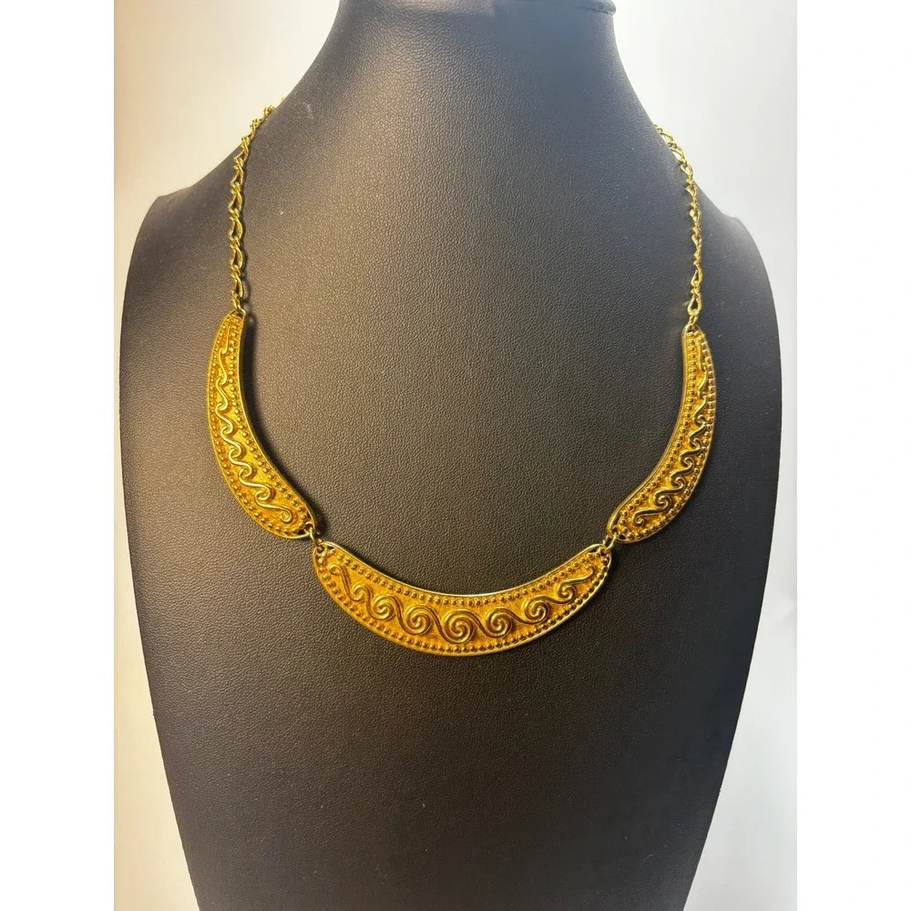 Vintage Gold Bib‎ Necklace Scrollwork Statement Jewelry Greek Revival